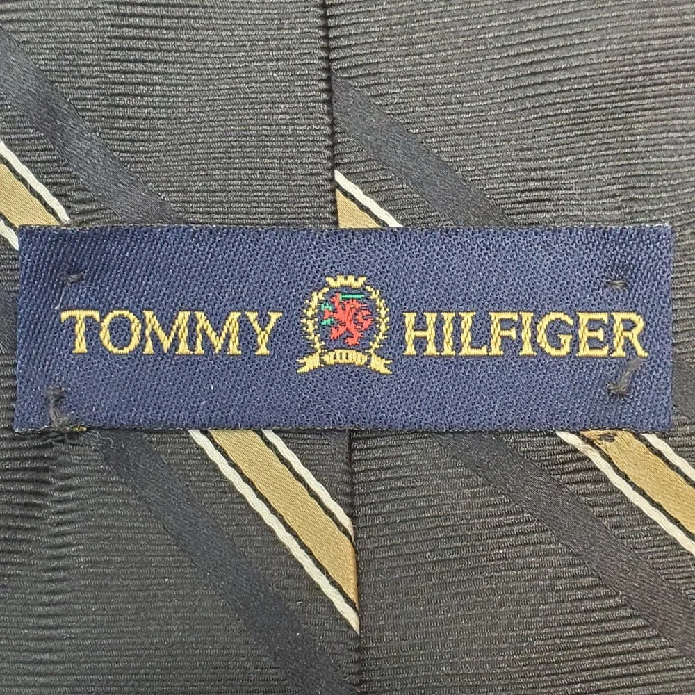 Tommy Hilfiger Mens Silk Tie Navy Blue Gold White Diagonal Striped Made in USA